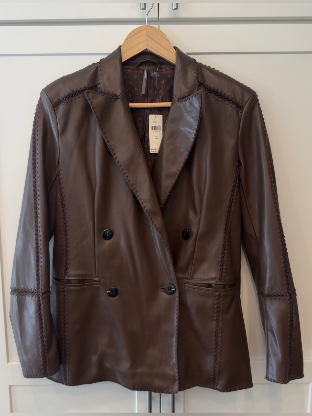 NWT Anthropologie Faux Leather Crochet Stitch Blazer Brown XXS - Picture 5 of 16